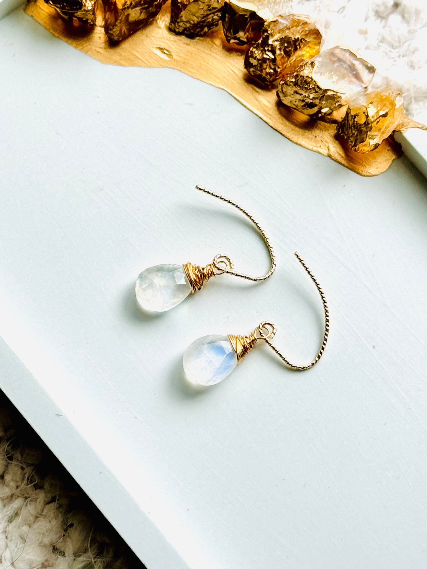 Rainbow Moonstone + Gold Earrings