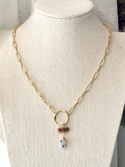 Freshwater Pearl + Dendritic Opal, Matte Gold Eternity Necklace