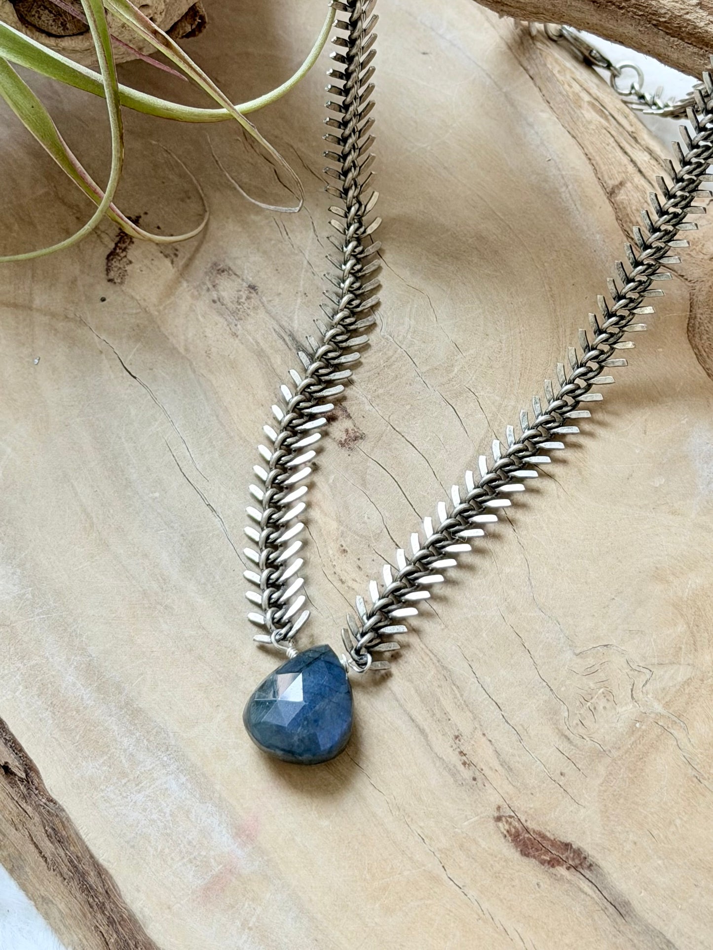 Labradorite + Antique Silver Fishbone Necklace