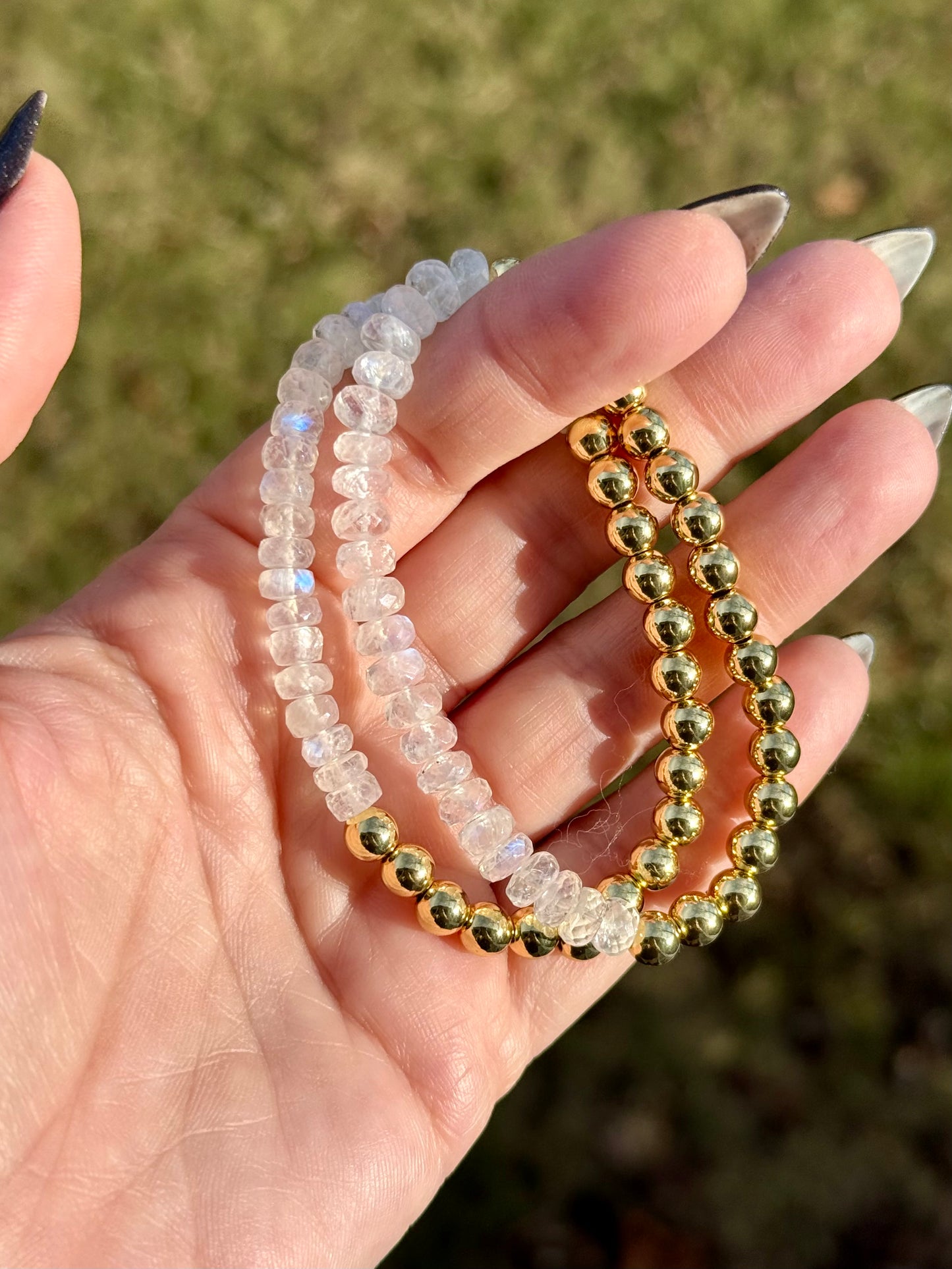 Rainbow Moonstone + Gold (Half) Beaded Bracelet