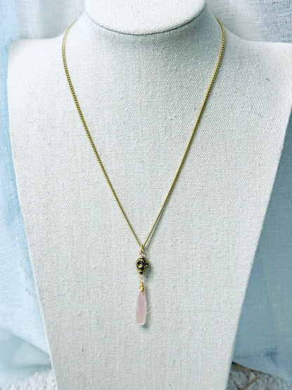 Pink Chalcedony + Matte Gold Hematite Skull Necklace