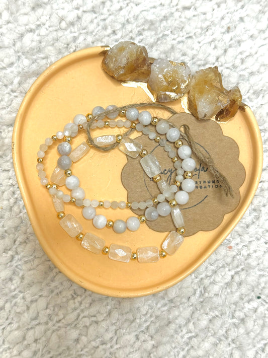 White Moonstone, Agate + Calcite in Gold (3-stack)