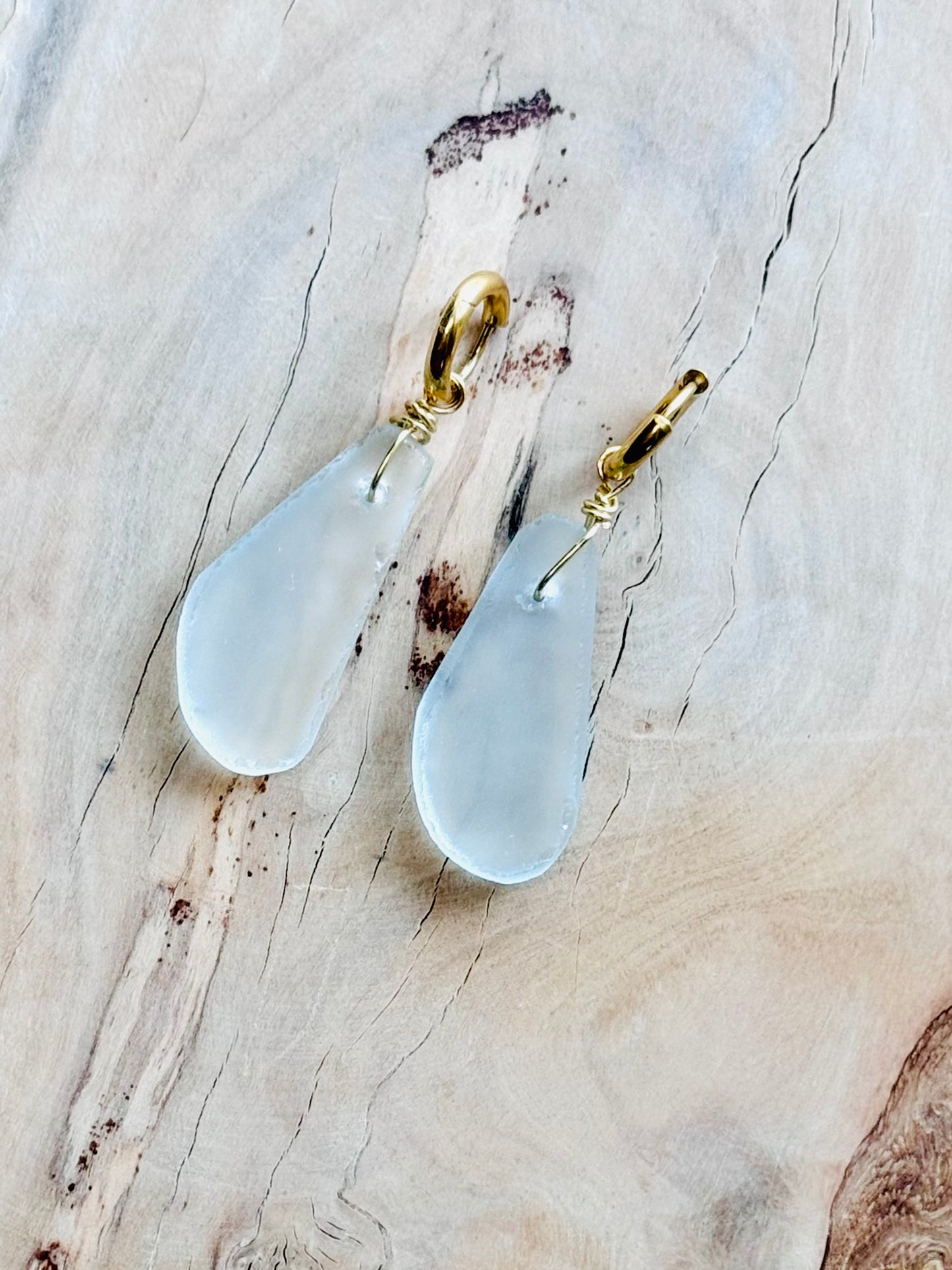 Pale Sea Green Sea Glass + Gold Huggie Earrings
