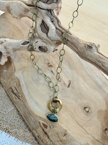 Labradorite Evil Eye + Antique Brass Necklace
