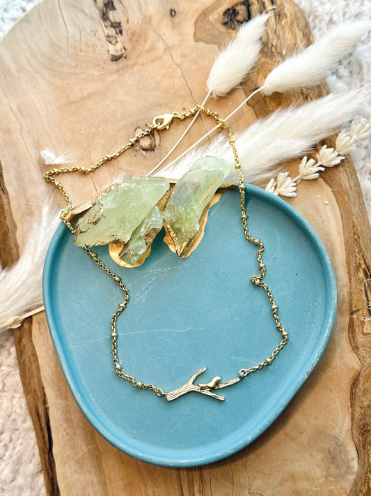 Bird on a Branch Matte Gold Necklace