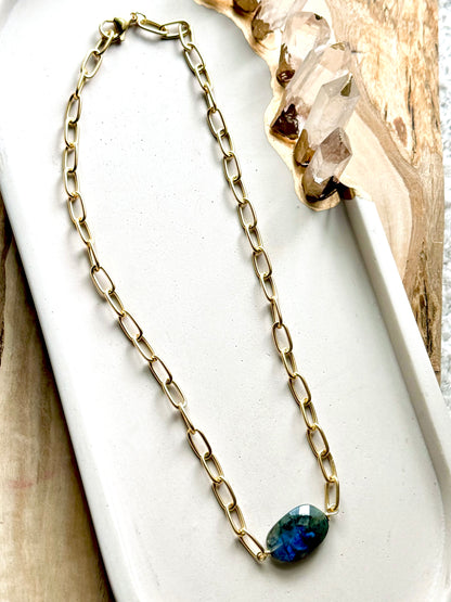 Labradorite Oval + Gold Paperclip Necklace
