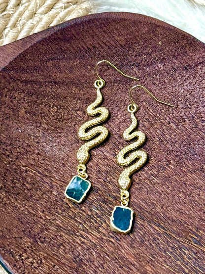 Moss Agate + Gold Snake Earrings