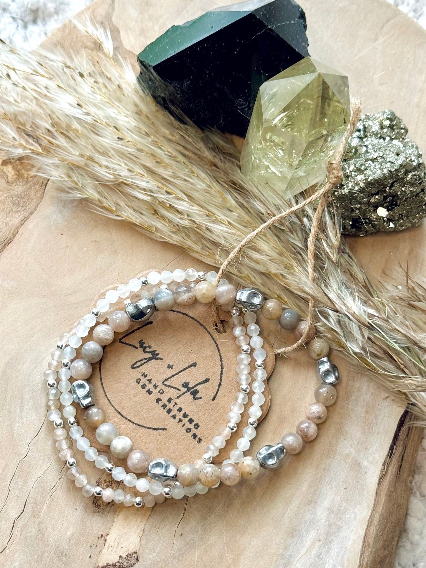 Moonstone + Silver Skully Stack (3-stack)