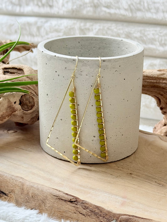 Chartreuse Czech Glass + Gold Large Triangle Earrings