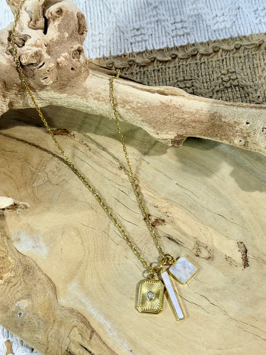 Rainbow Moonstone + Mother of Pearl Gold Necklace