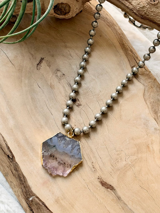 Amethyst Slice + Antique Silver Ball Necklace