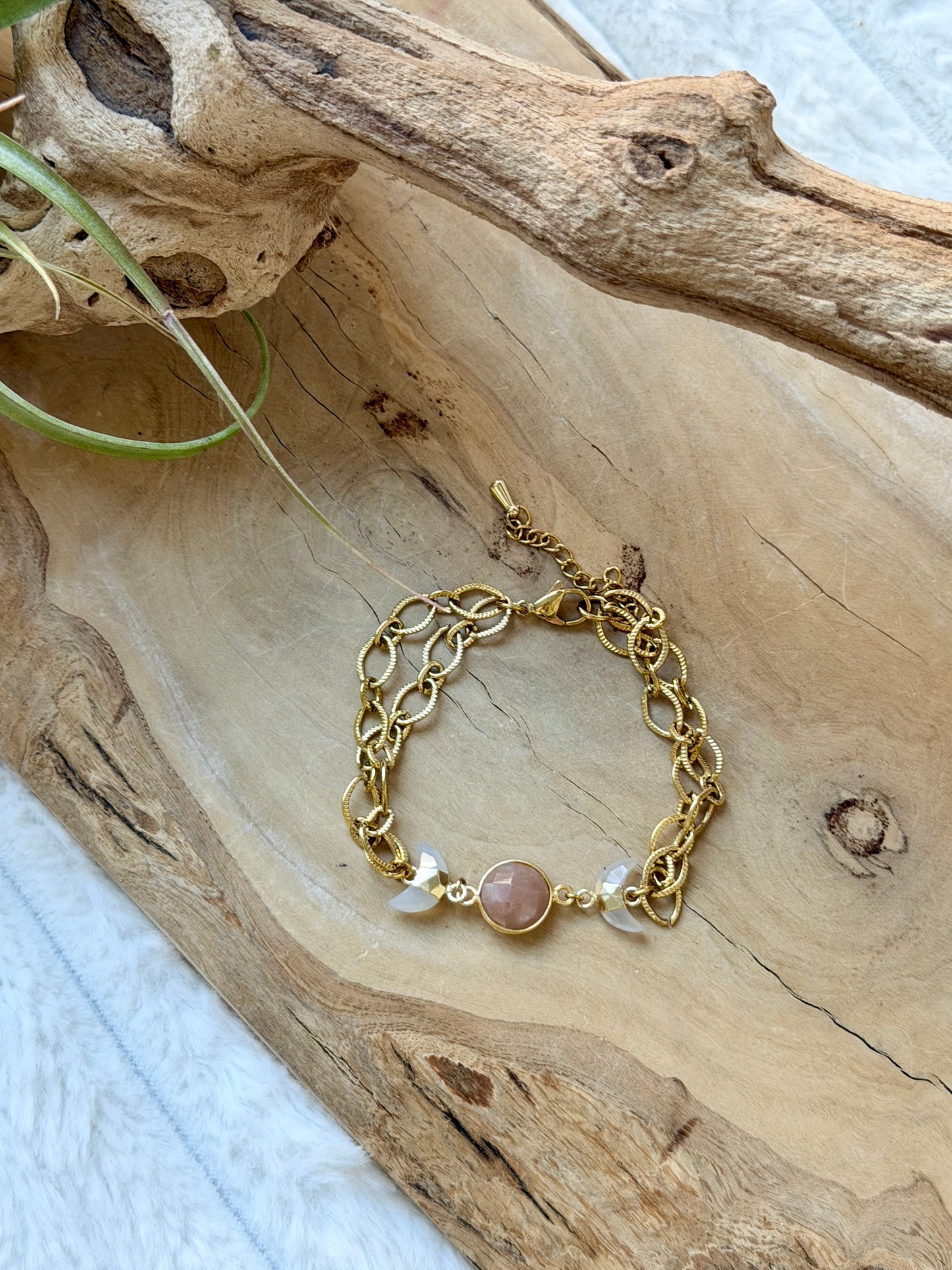 Peach Moonstone + Chalcedony Gold Moon Bracelet