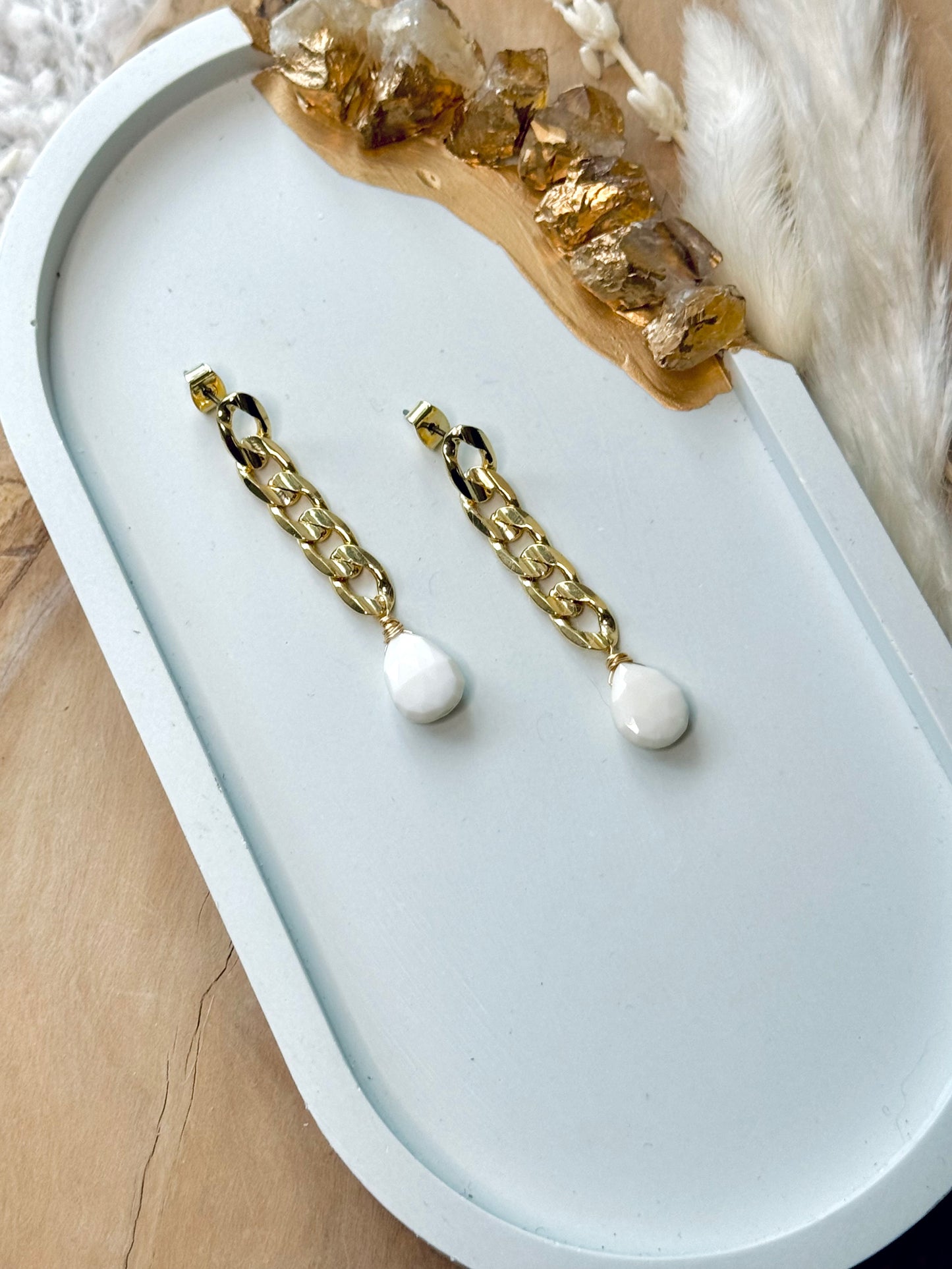 White Opal + Gold Curb Chain Earrings