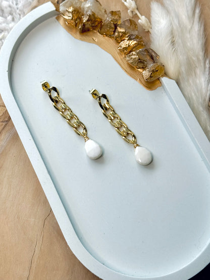 White Opal + Gold Curb Chain Earrings