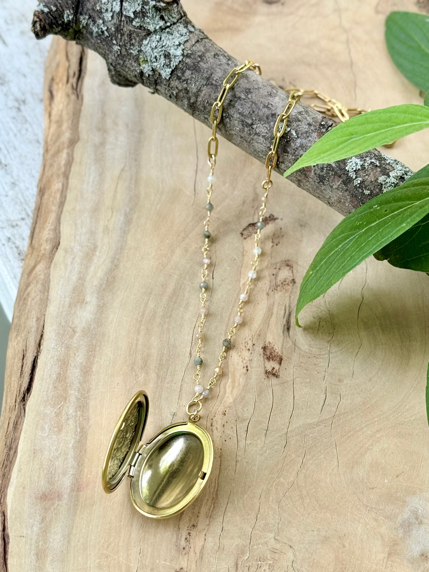 Mixed Moonstone + Matte Gold Locket Necklace