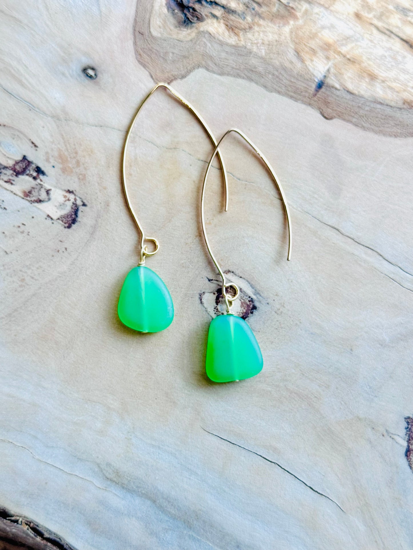 Green Sea Glass + Gold Hook Earrings