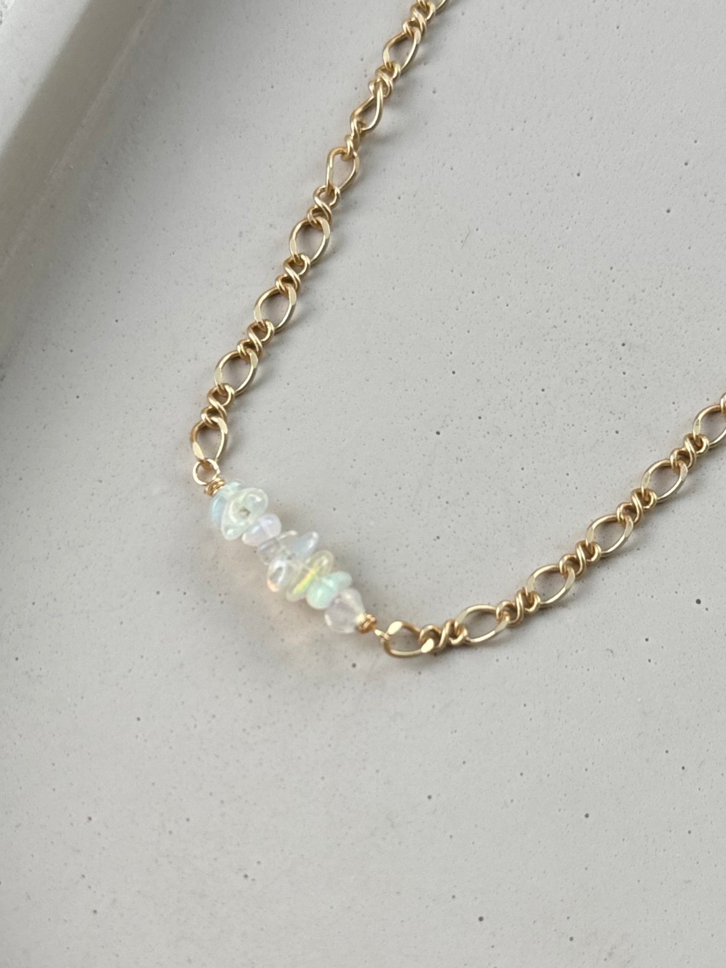 White Ethiopian Opal + Matte Gold Chain Bar Necklace