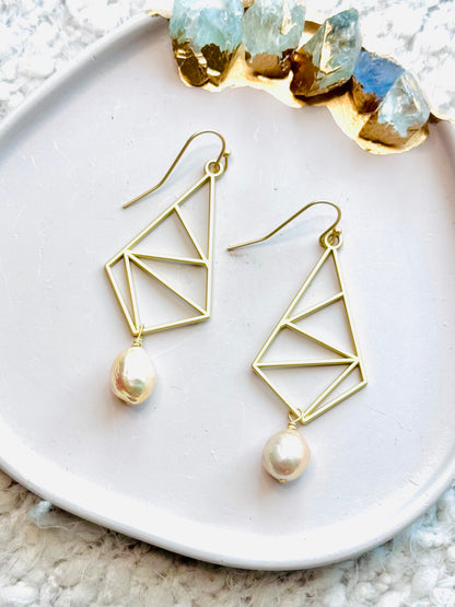 Freshwater Baroque Pearl + Matte Gold Diamond Earrings