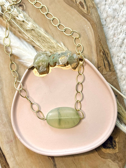 Pale Green Jade + Matte Gold Pendant Necklace