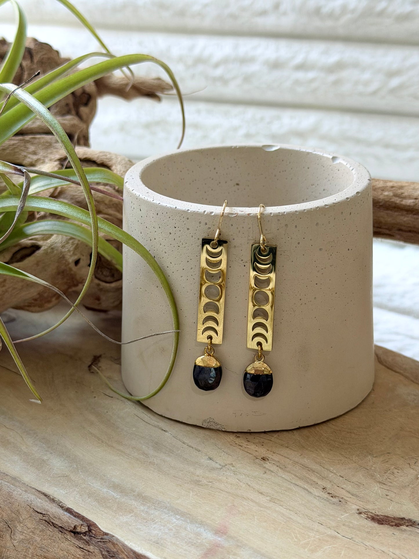 Hypersthene + Gold Moon Phases Earrings