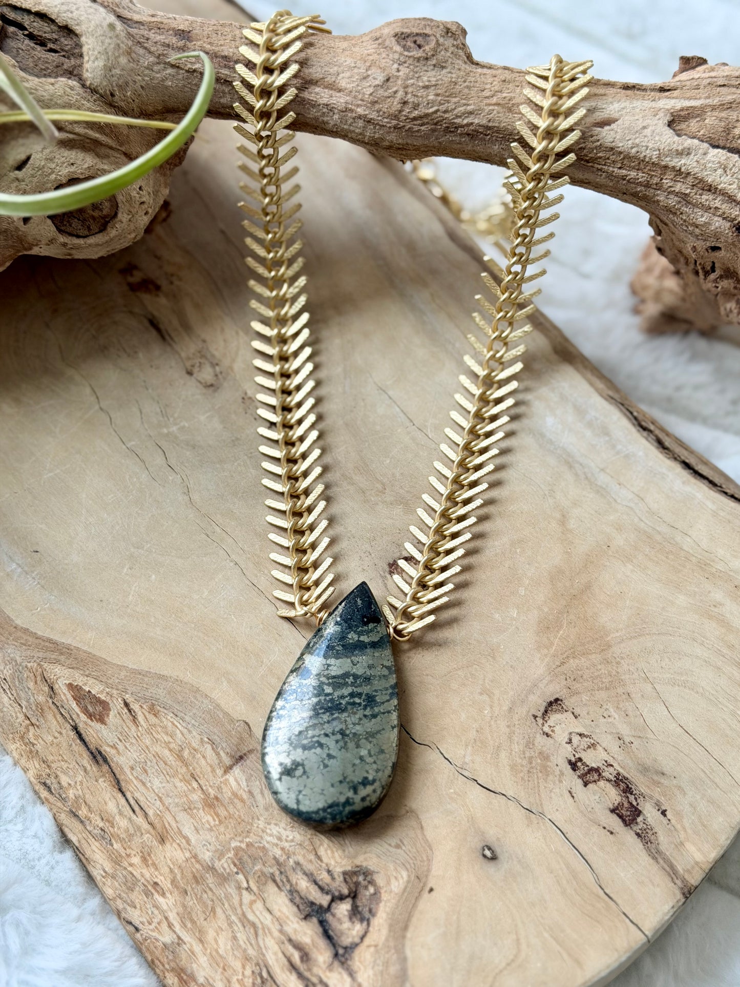Pyrite in Magnetite + Matte Gold Fishbone Chain Necklace