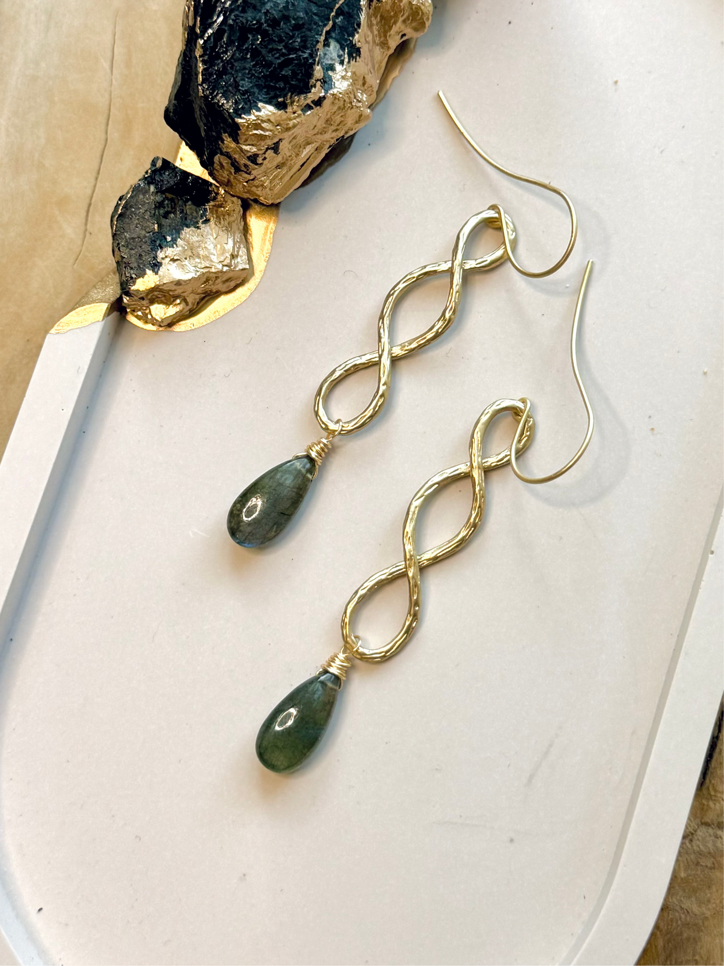 Labradorite + Matte Gold Infinity Earrings