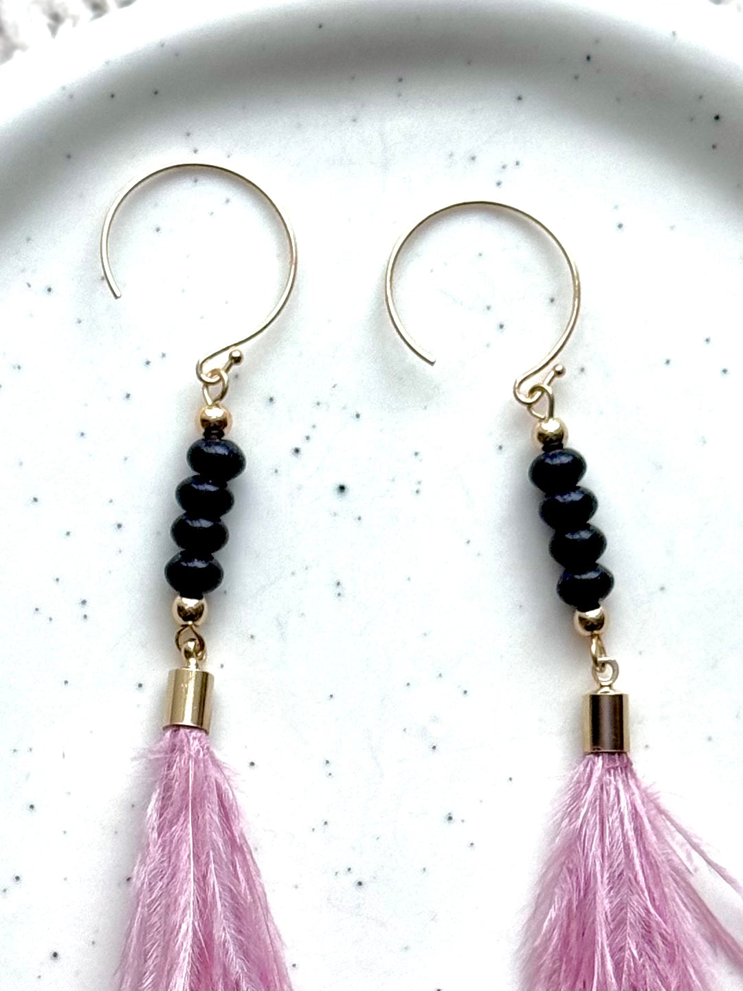 Blue Goldstone + Gold Pink Feather Earrings