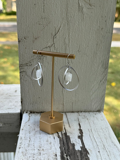 Rainbow Moonstone + Matte Silver Double Circle Earrings