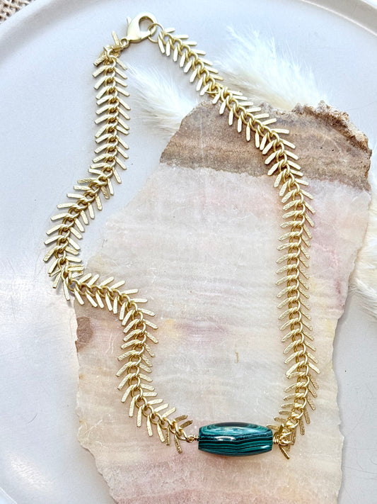 Malachite + Matte Gold Fishbone Chain Necklace