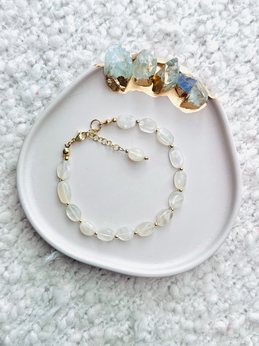 White Oval Moonstone + Gold Adjustable Bracelet