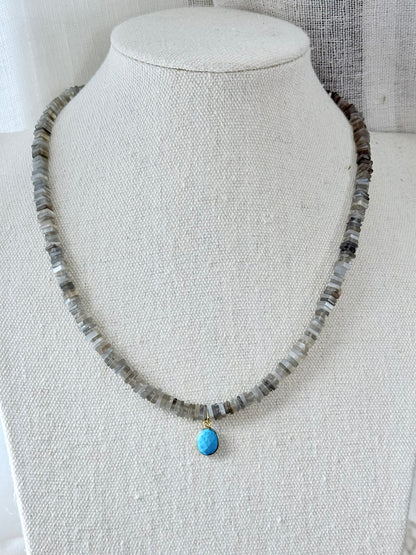 Gray Moonstone + Turquoise Gold Beaded Necklace
