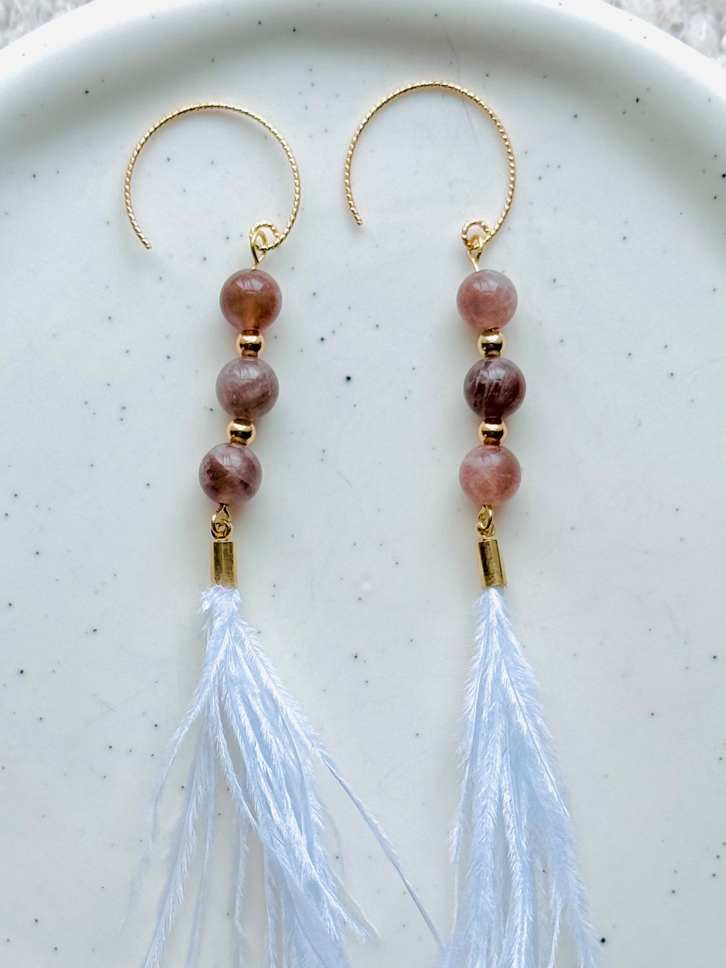 Chocolate Moonstone + Gold White Feather Earrings