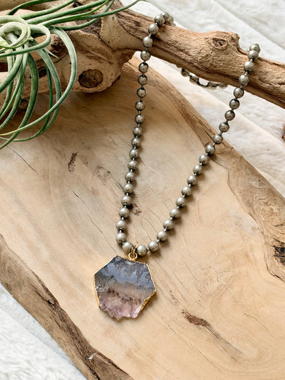 Amethyst Slice + Antique Silver Ball Necklace