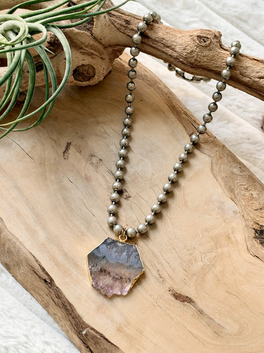 Amethyst Slice + Antique Silver Ball Necklace