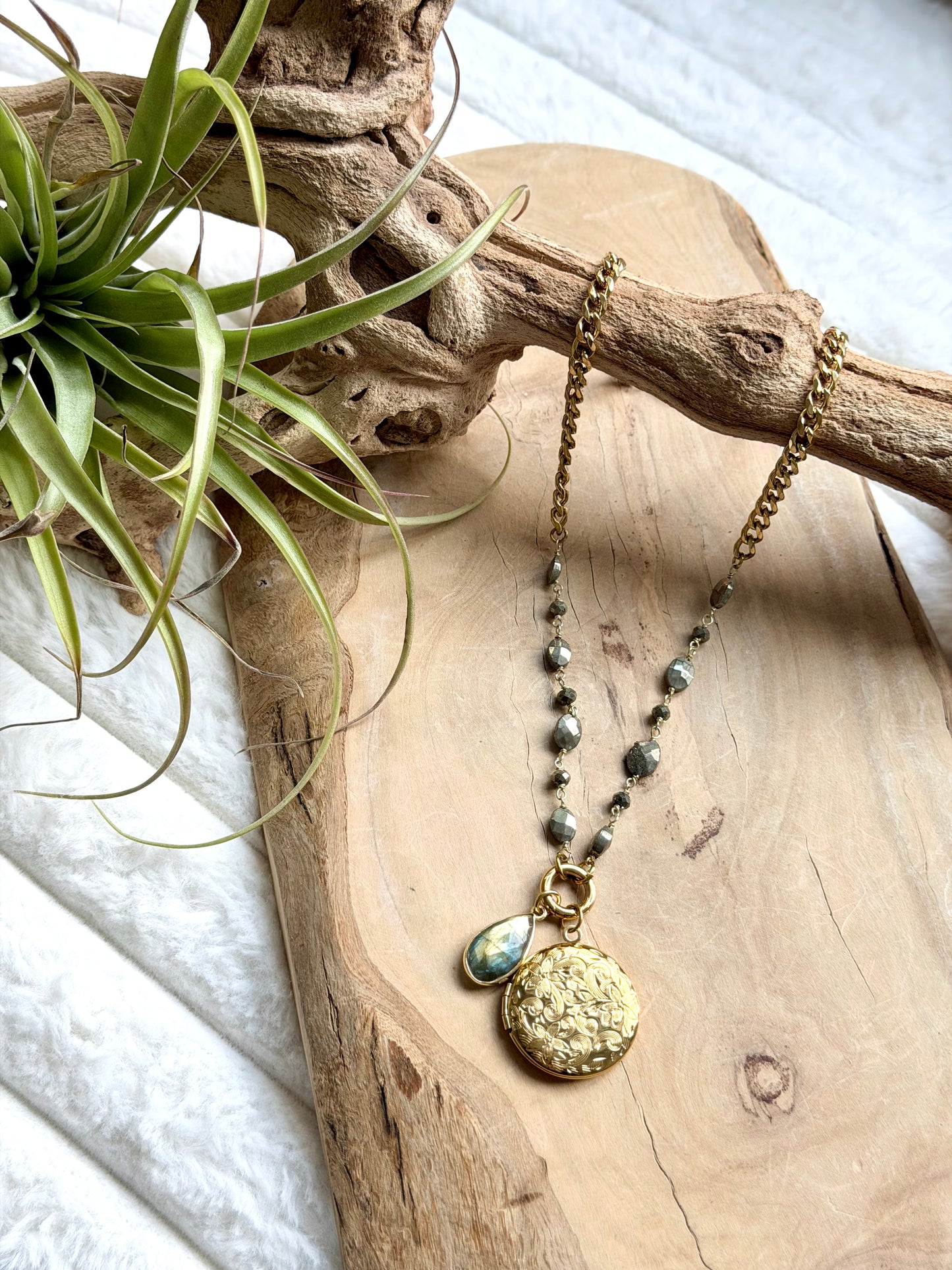 Pyrite + Labradorite Gold Stainless Steel Locket, Carabiner Charm Necklace