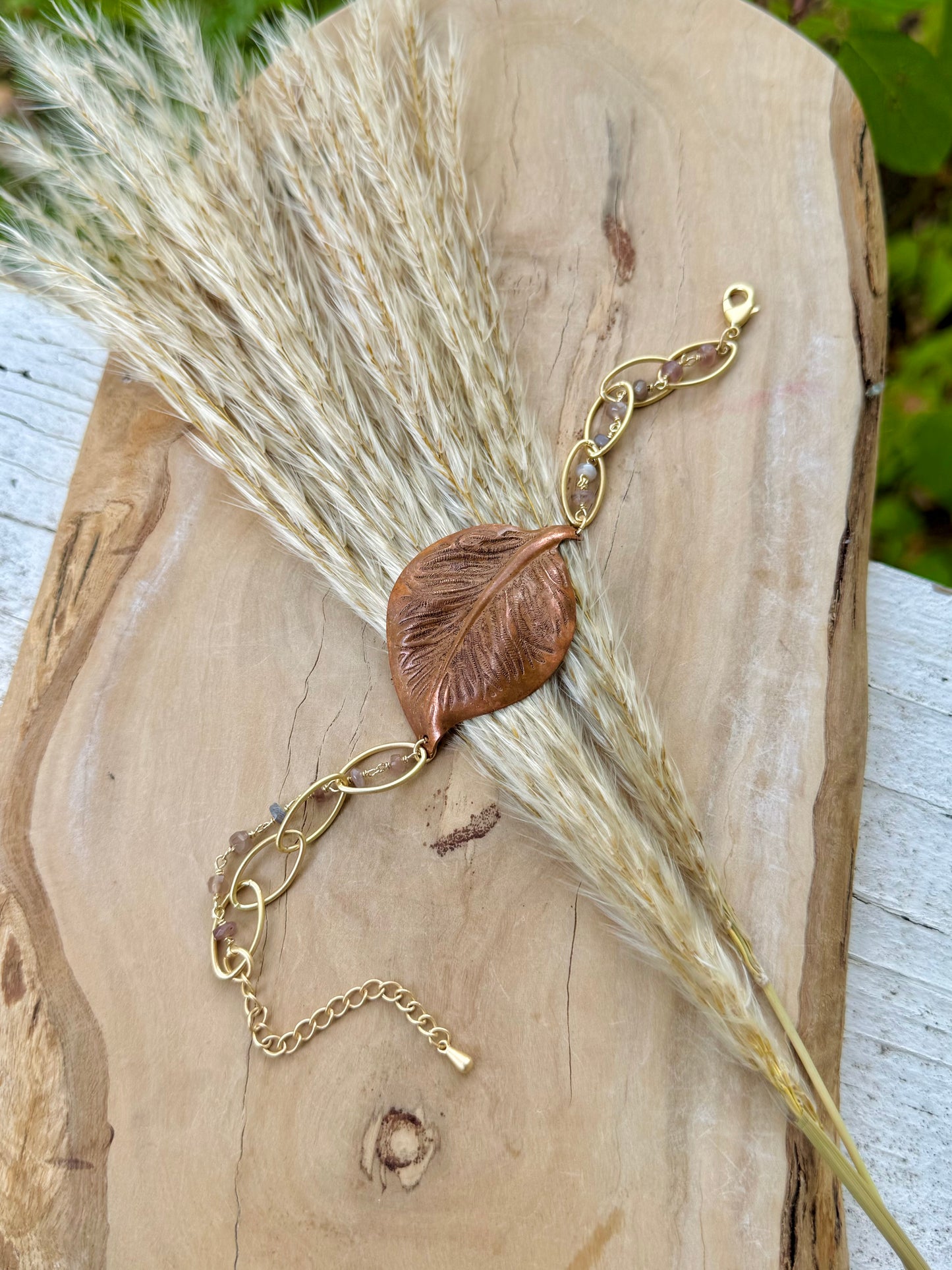 Copper Leaf + Labradorite Matte Gold Chain Bracelet