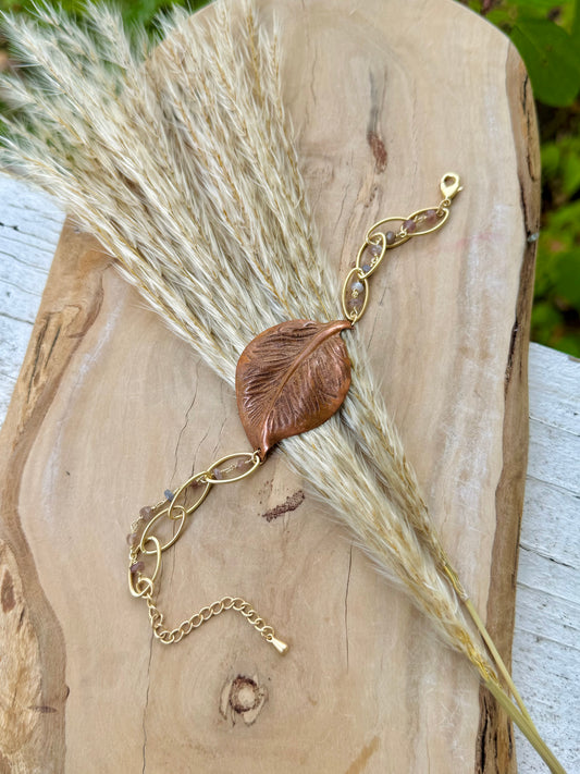 Copper Leaf + Labradorite Matte Gold Chain Bracelet