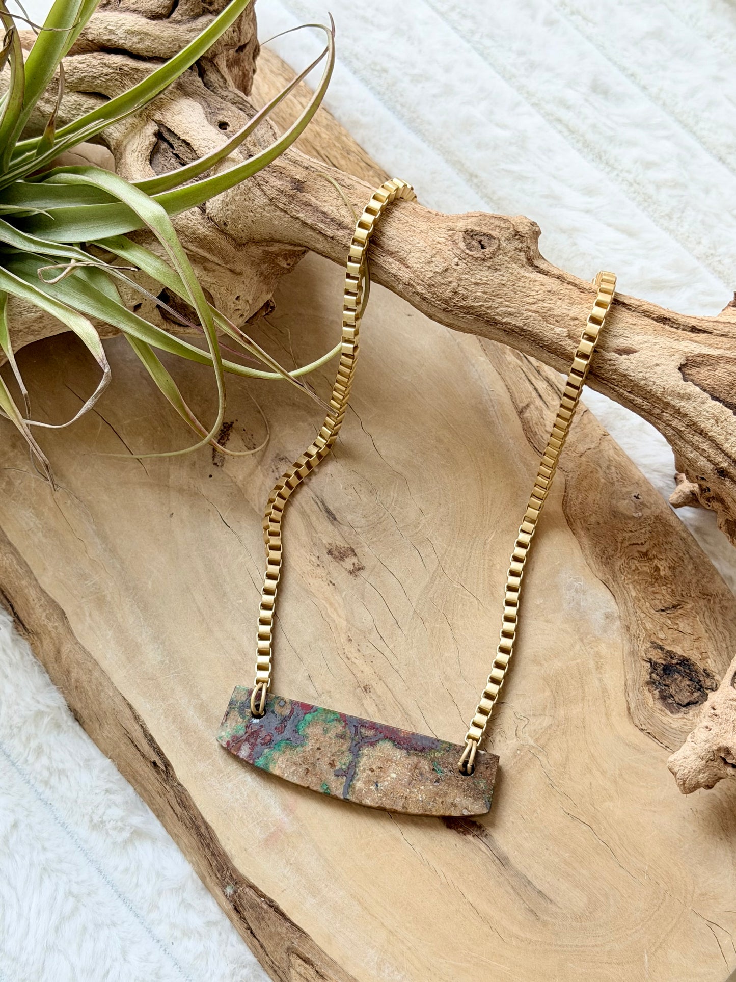 Copper in Chrysocolla + Matte Gold Box Link Necklace
