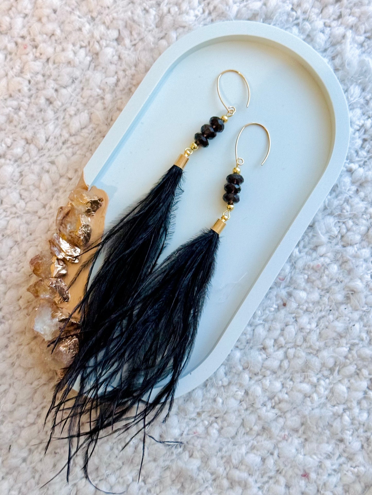 Smoky Quartz + Gold Black Feather Earrings
