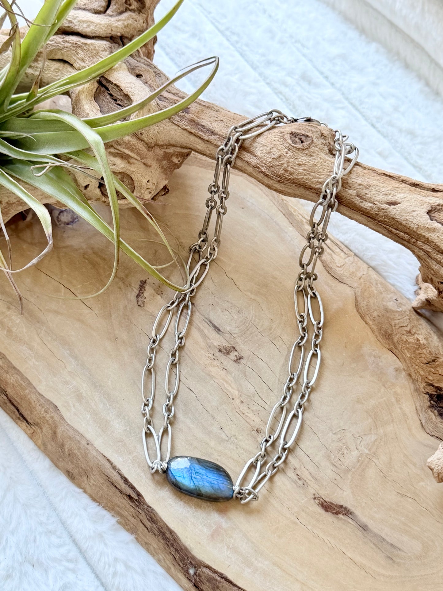 Labradorite + Antique Silver Double Chain Necklace