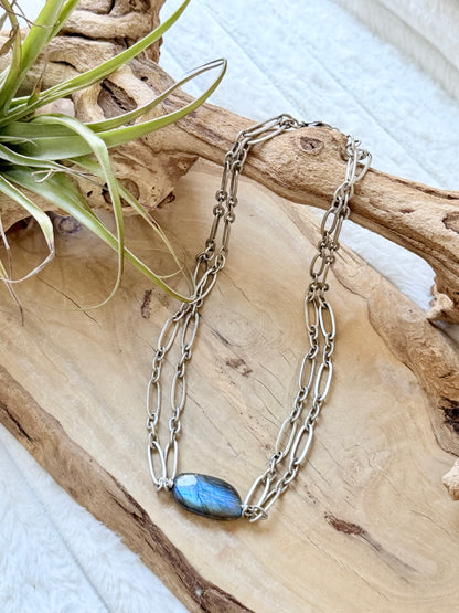 Labradorite + Antique Silver Double Chain Necklace
