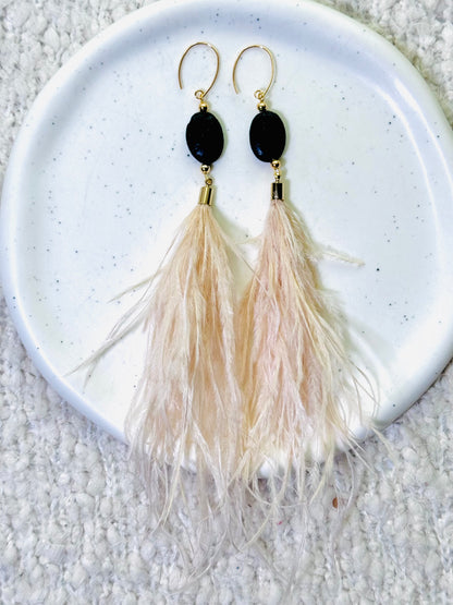 Black Lava Rock + Gold Blonde Feather Earrings