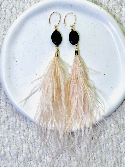 Black Lava Rock + Gold Blonde Feather Earrings