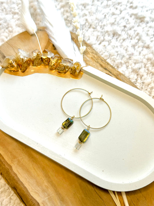 Labradorite + Moonstone Matte Gold Hoop Earrings