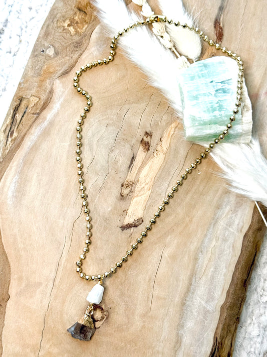 Moonstone + Smokey Quartz Matte Gold Necklace