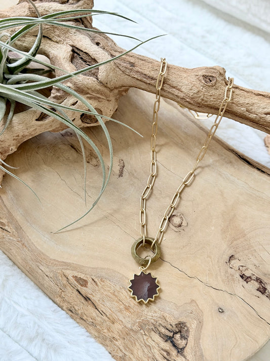 Chocolate Moonstone Sunburst + Matte Gold Necklace
