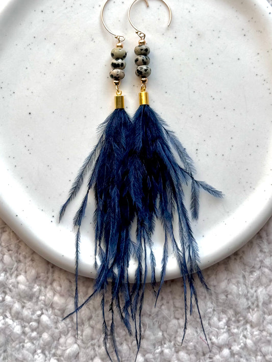 Dalmatian Jasper + Gold Navy Feather Earrings