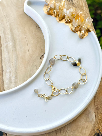 Moonstone + Smokey Quartz Gold Gemstone Moon Bracelet