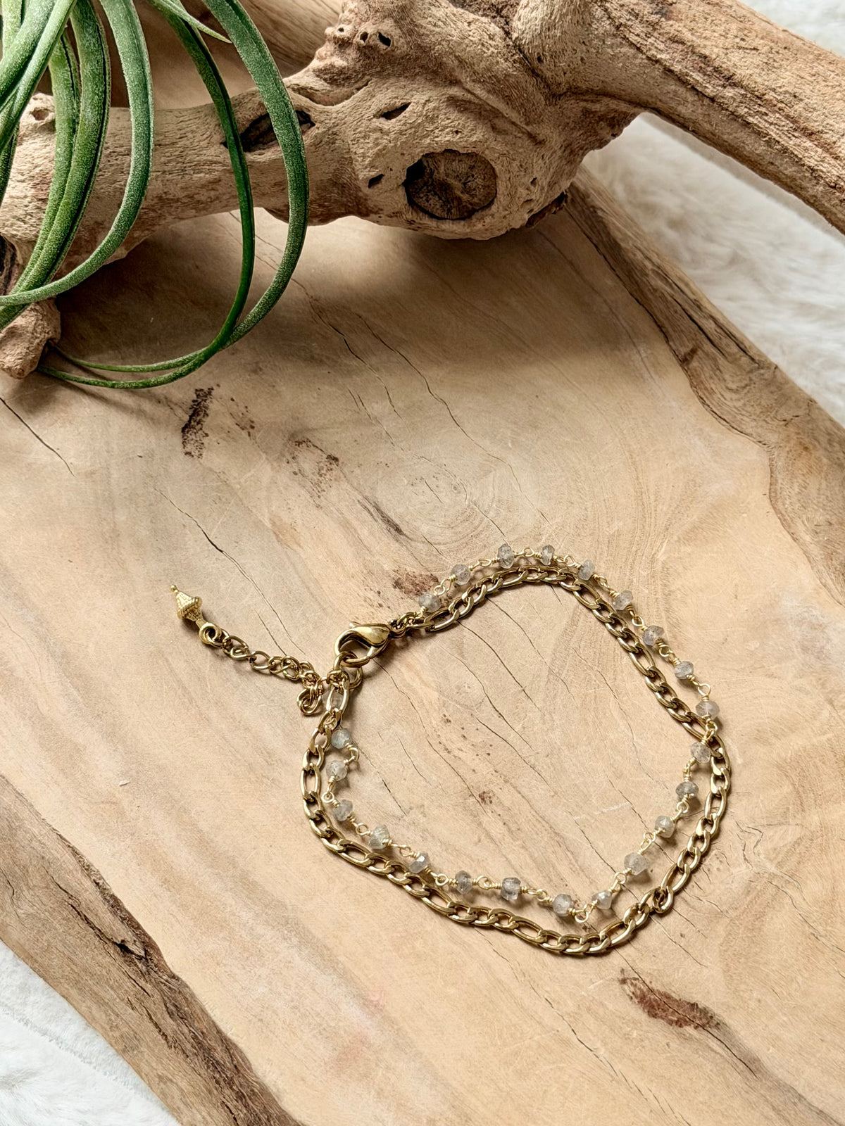 Labradorite + Gold Stainless Steel Skinny Duet Bracelet