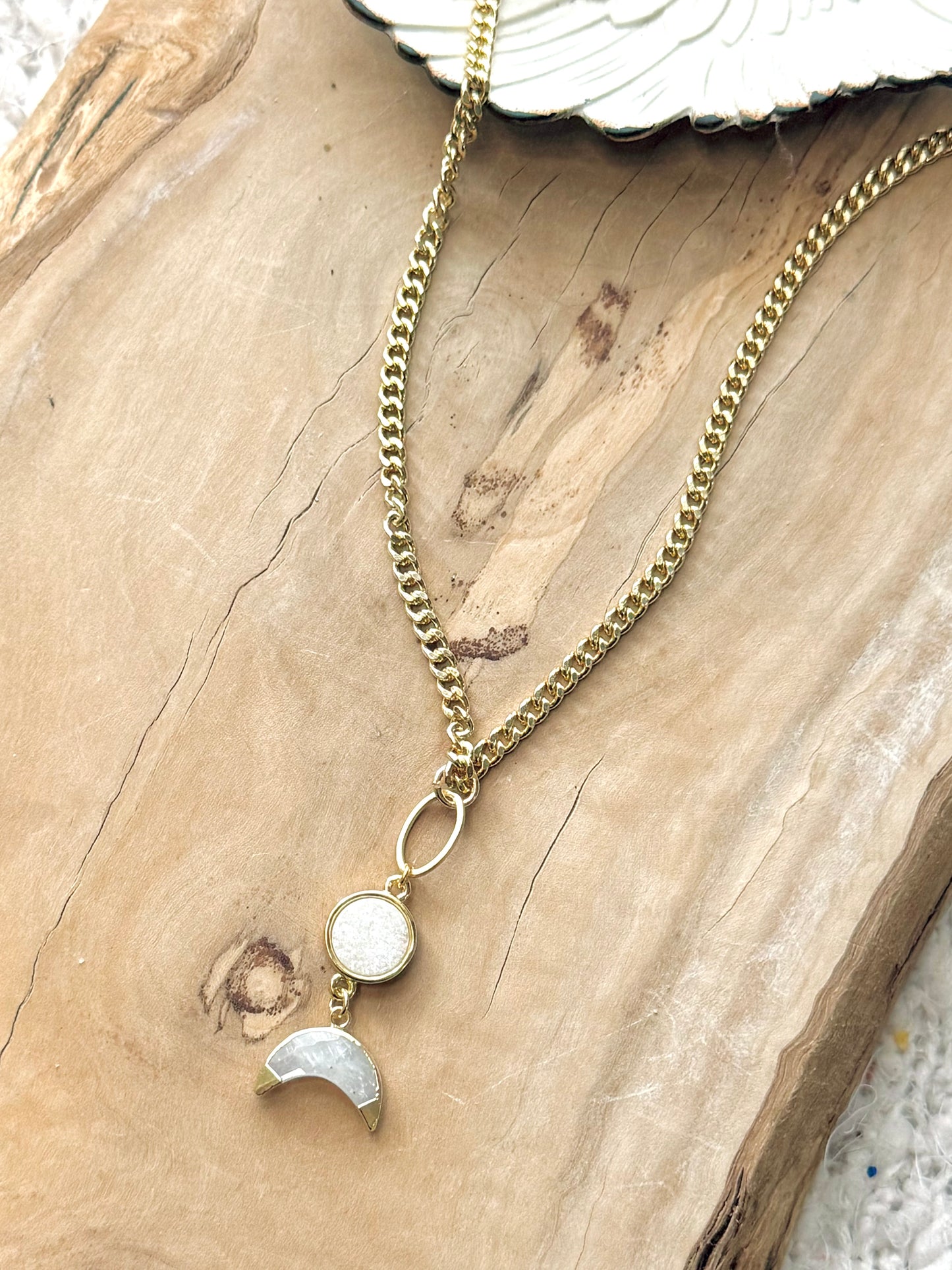 Moonstone + Druzy Gold Moon Necklace